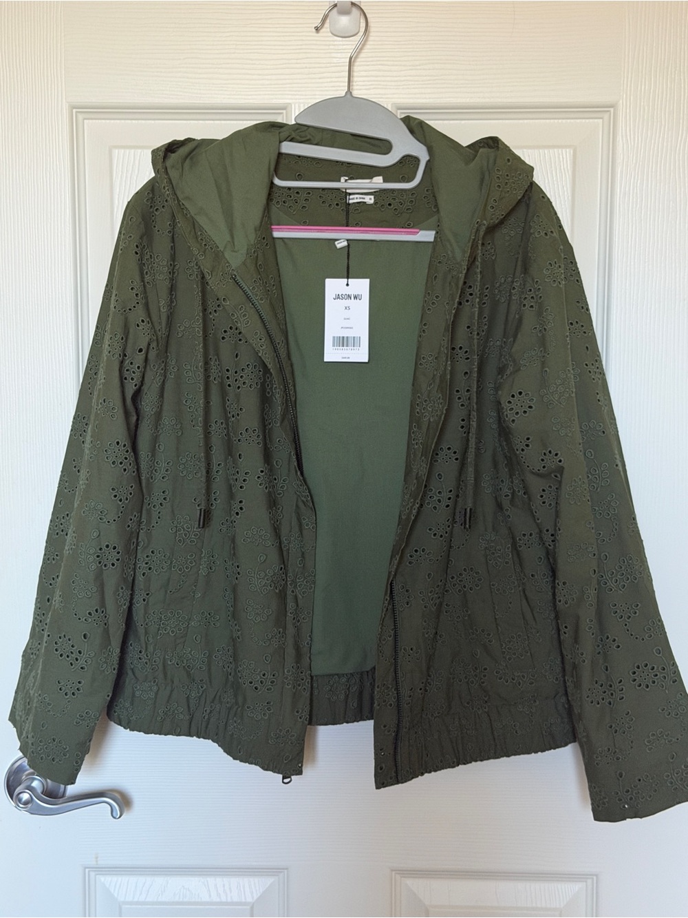 NWT Jason Wu Olive Green Cotton Eyelet Embroidered Hooded Jacket